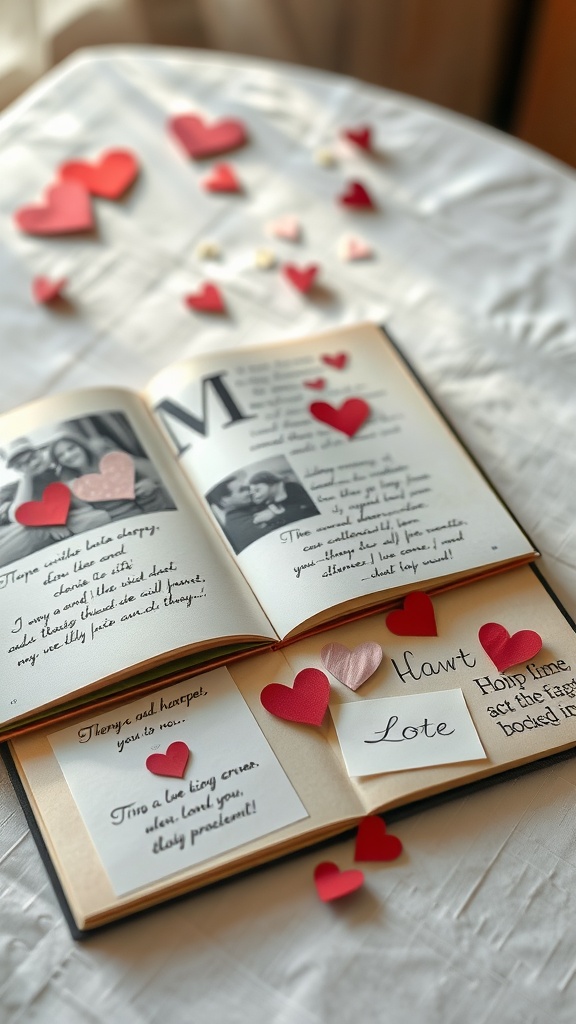 A scrapbook with heart decorations and photos on a table.