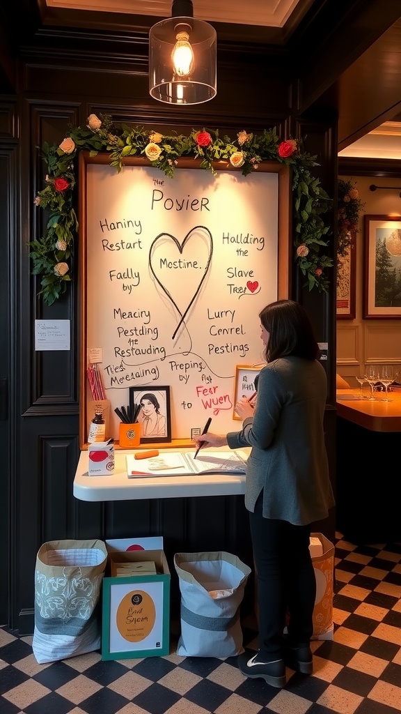 Two people interacting at a love-themed station with a wall decorated with handwritten messages.