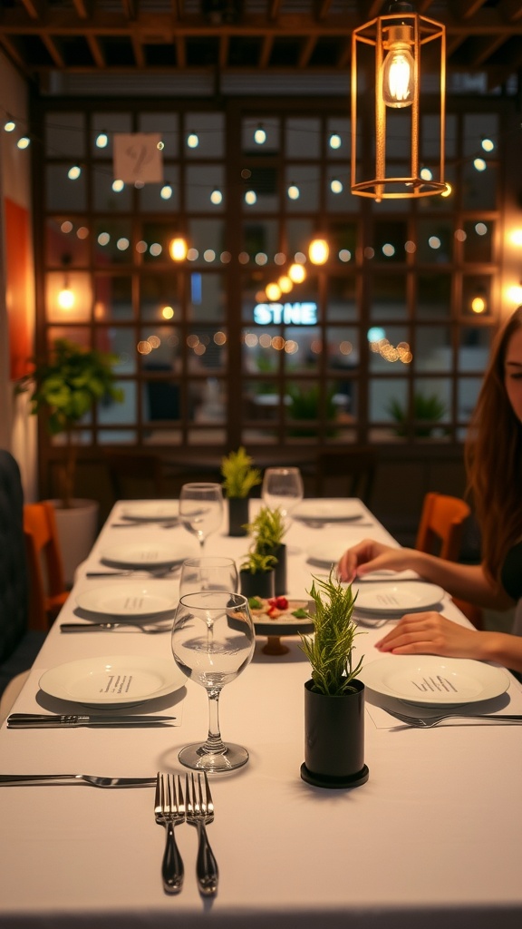 A beautifully set dining table for Valentine's Day with decorative plants and elegant glassware.