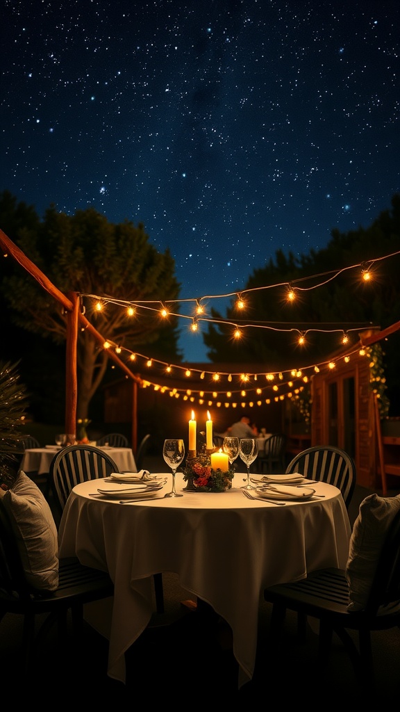 Romantic outdoor dining setup with lights and candles under a starry sky.