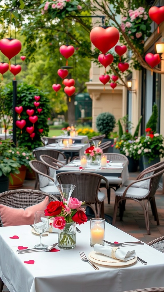 Outdoor restaurant setting decorated for Valentine's Day with heart-shaped balloons and floral arrangements.