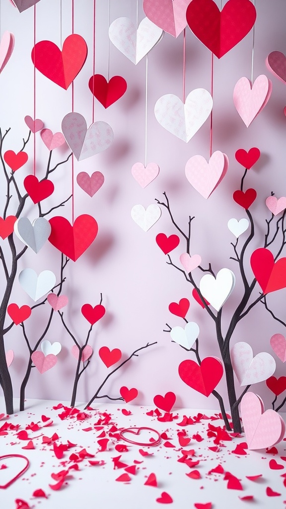 Colorful layered paper heart decorations hanging from branches