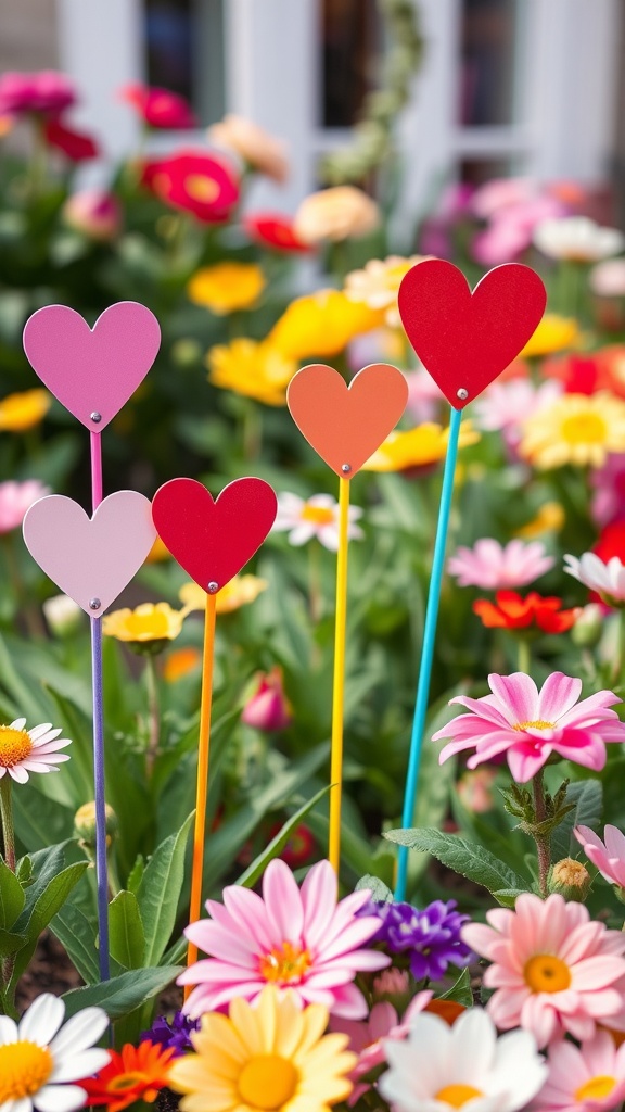 Colorful heart-shaped garden stakes amidst bright flowers