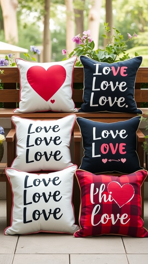 A collection of love-themed outdoor cushions in various designs, including red hearts and the word 'Love.'