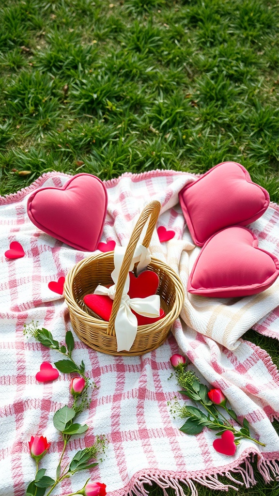 A cozy love-themed picnic setup with pink heart-shaped pillows, a blanket, a wicker basket, red rose petals, and greenery.