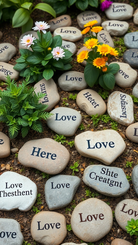 A garden featuring stones inscribed with the word 'Love' surrounded by flowers.