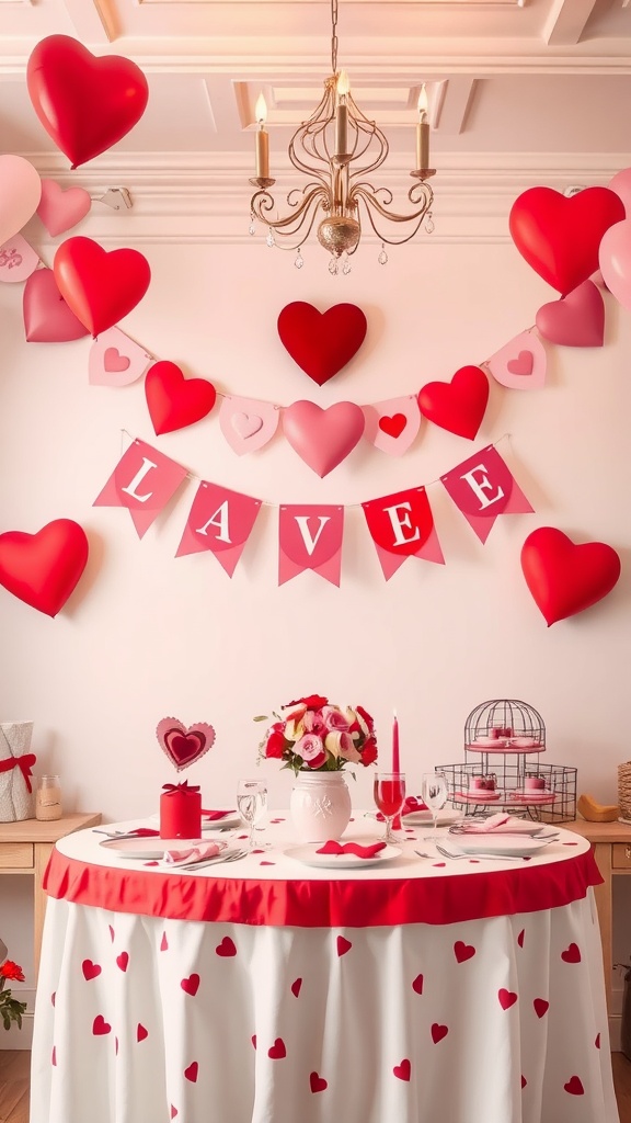 A love coupon booklet tied with a red ribbon surrounded by small paper hearts and roses.