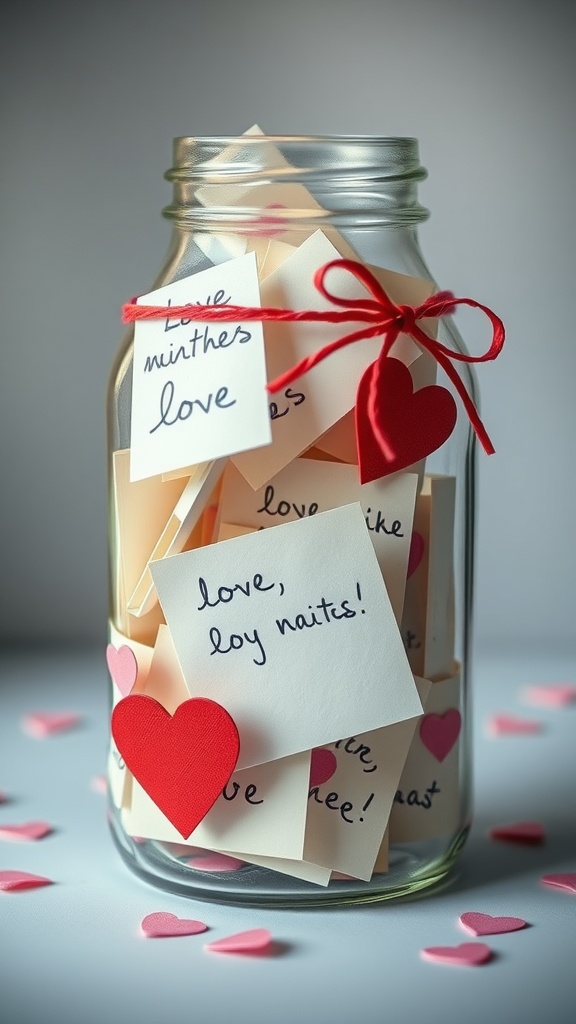 A jar filled with love notes and small paper hearts