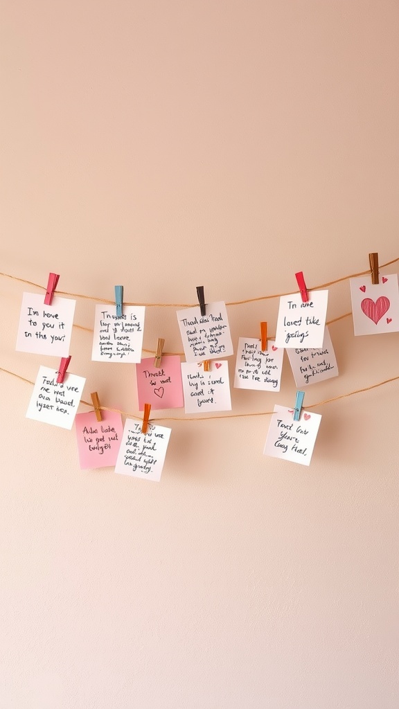 A string display of colorful love notes hanging on a wall