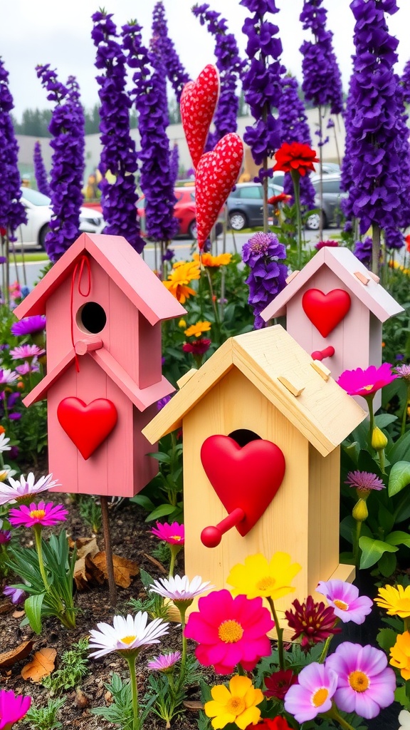 Colorful lovebird birdhouses in a flower garden, decorated for Valentine's Day