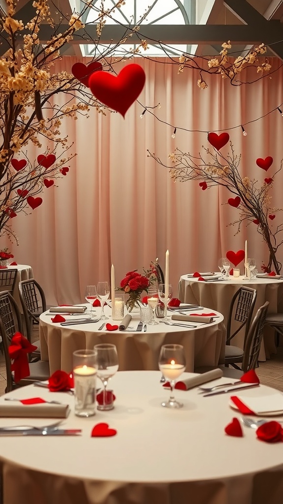 A beautifully decorated restaurant for Valentine's Day with heart-shaped decorations, elegant table settings, and floral arrangements.