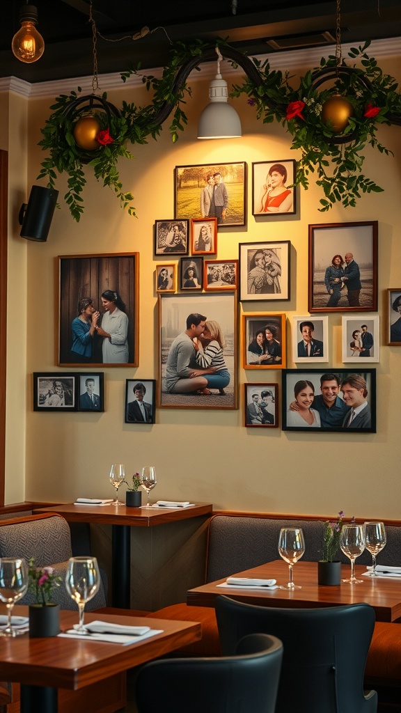 A wall displaying framed couple photos with plants and flowers