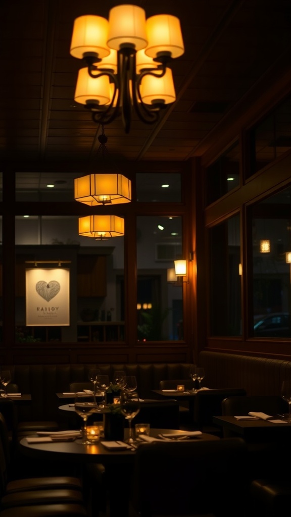 An elegantly lit restaurant setting with soft lighting, perfect for Valentine's Day.