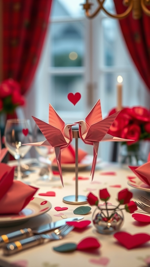 Table centerpiece featuring origami love birds surrounded by heart decorations.