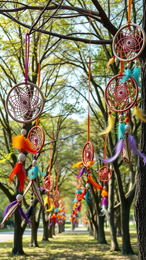 Colorful dreamcatchers hanging from tree branches in a park.