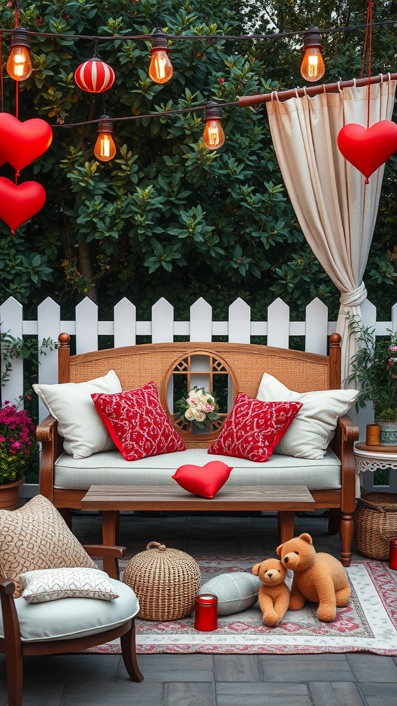 Cozy outdoor love seat decorated for Valentine's Day with pillows, heart decorations, and warm lights