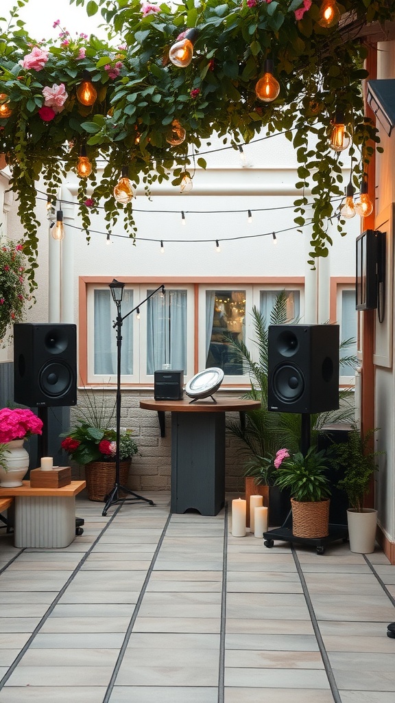 Outdoor music station decorated for Valentine's Day with speakers, flowers, and string lights