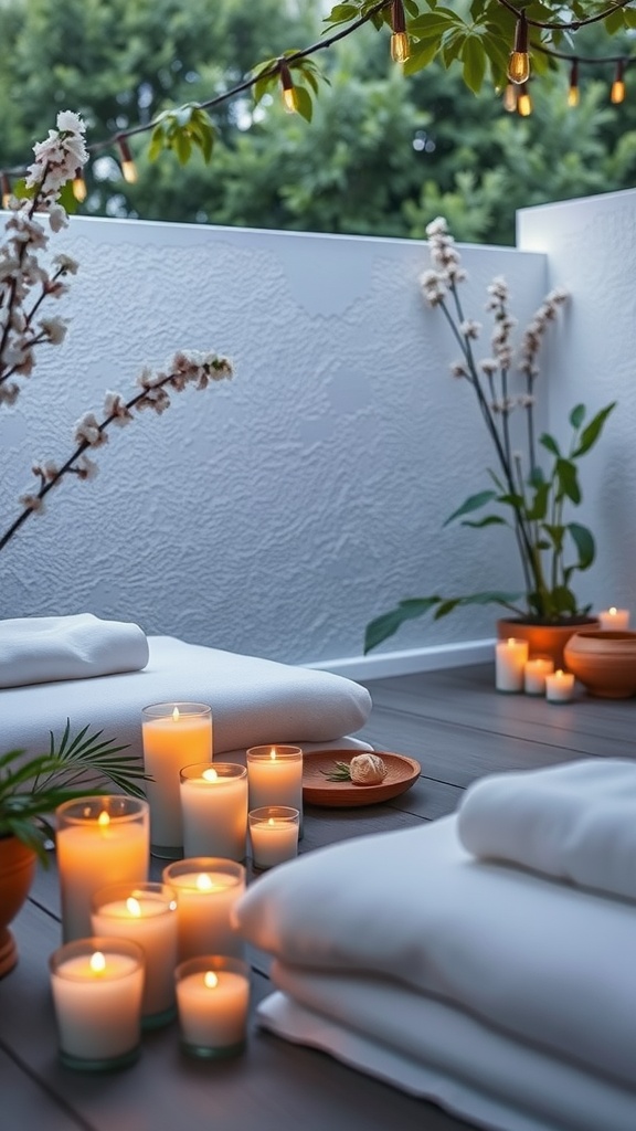 A peaceful outdoor spa setup with candles and cozy blankets, surrounded by plants and warm lighting.