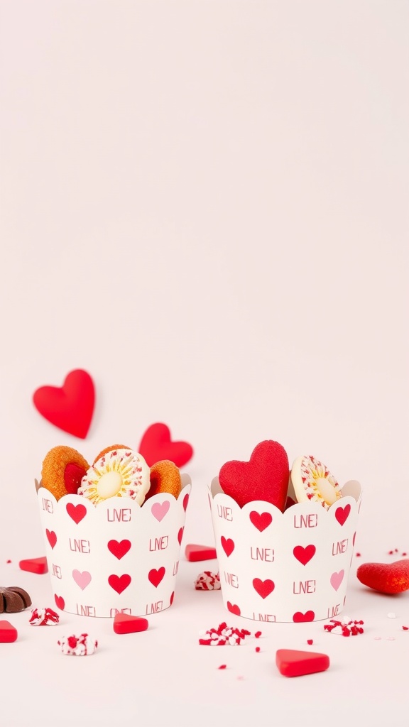 Valentine treat holders filled with sweets and surrounded by heart decorations