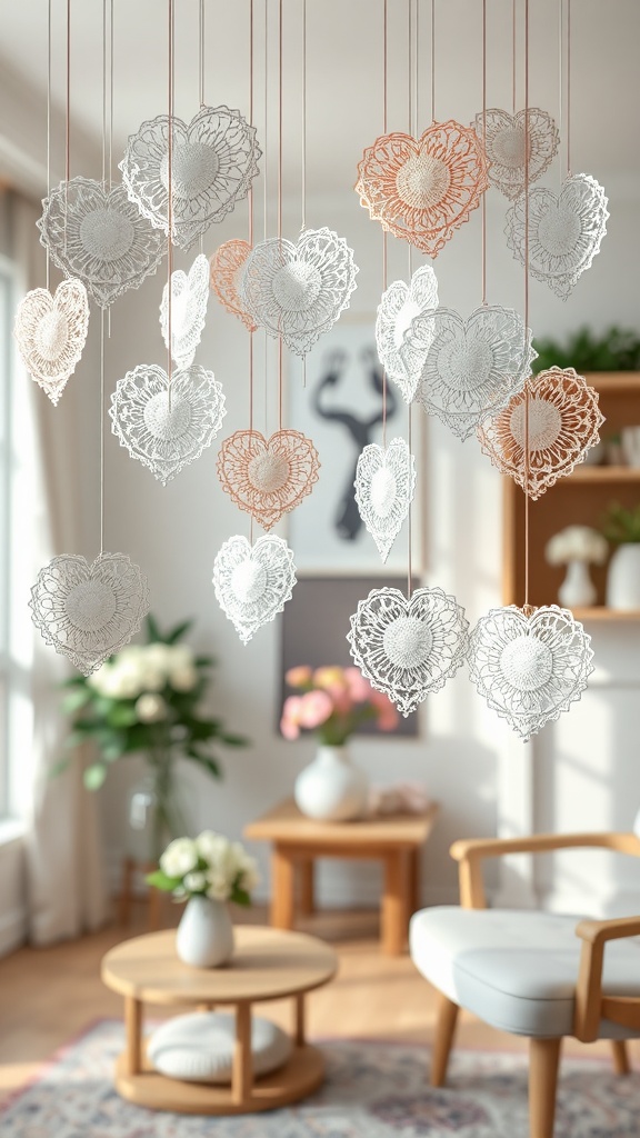 Hanging paper heart decorations made from doilies in a cozy room