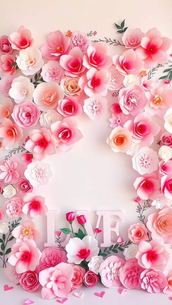 A beautiful backdrop made of pink and white paper flowers with the word 'LOVE' in the center