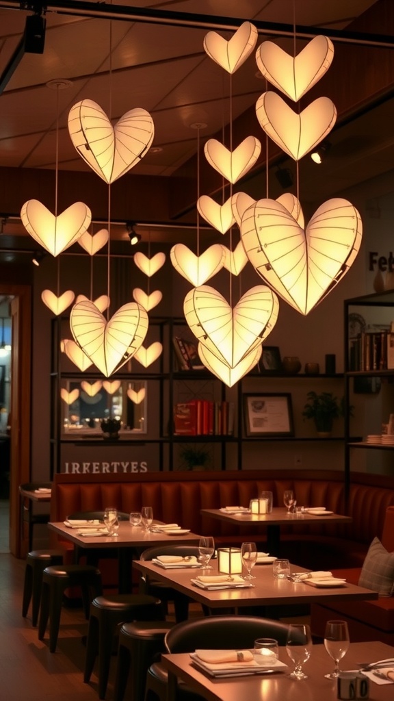 A beautiful display of hanging paper heart chandeliers in a restaurant setting, adding a romantic touch.