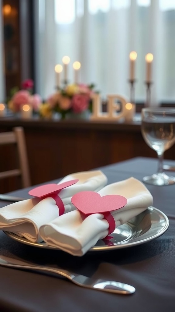 Table setting with white napkins wrapped in pink paper heart napkin rings