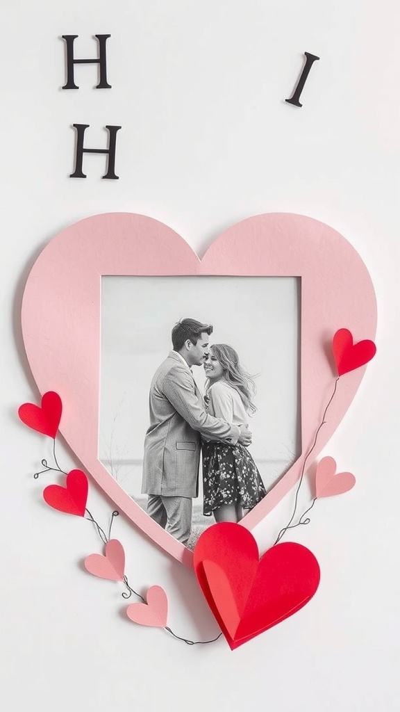 A heart-shaped photo frame decorated with paper hearts and a black and white photo of a couple