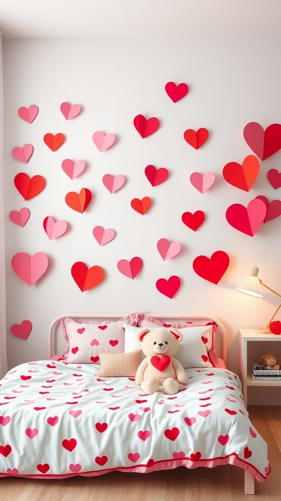 Colorful paper hearts arranged on a wall in a cozy room.