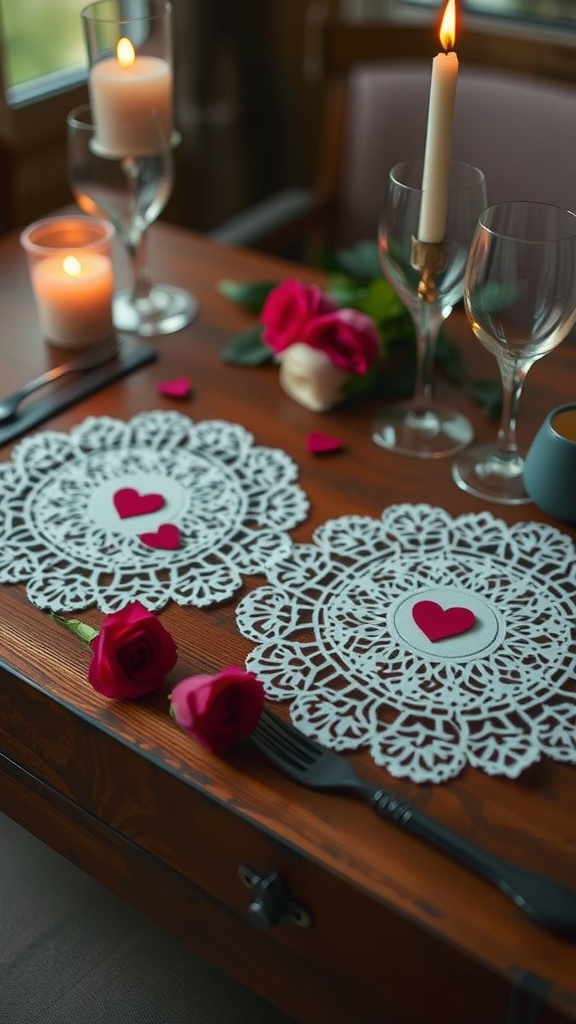 A beautifully set table with paper lace heart doilies, candles, and roses for Valentine's Day.