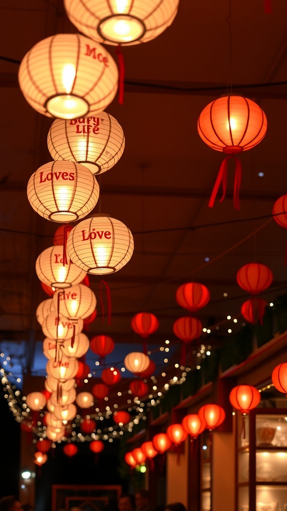 Colorful paper lanterns hanging in a decorative setting for Valentine's Day.