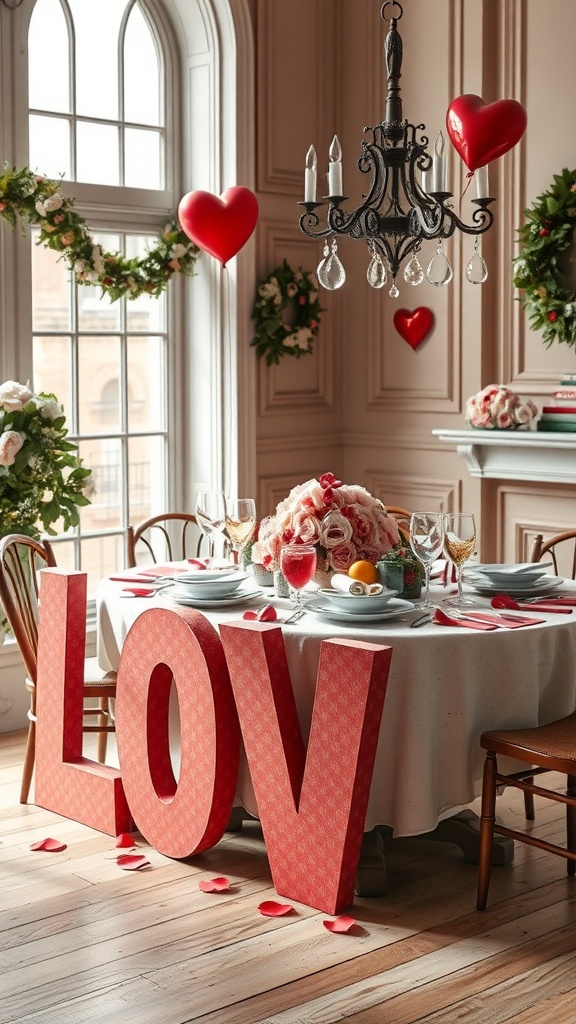 Decorative oversized love letters made from paper mache in a Valentine's Day setting.