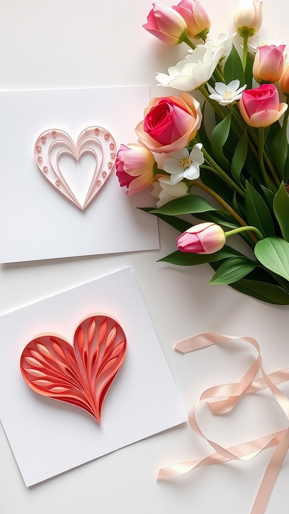 Paper quilling heart cards surrounded by flowers