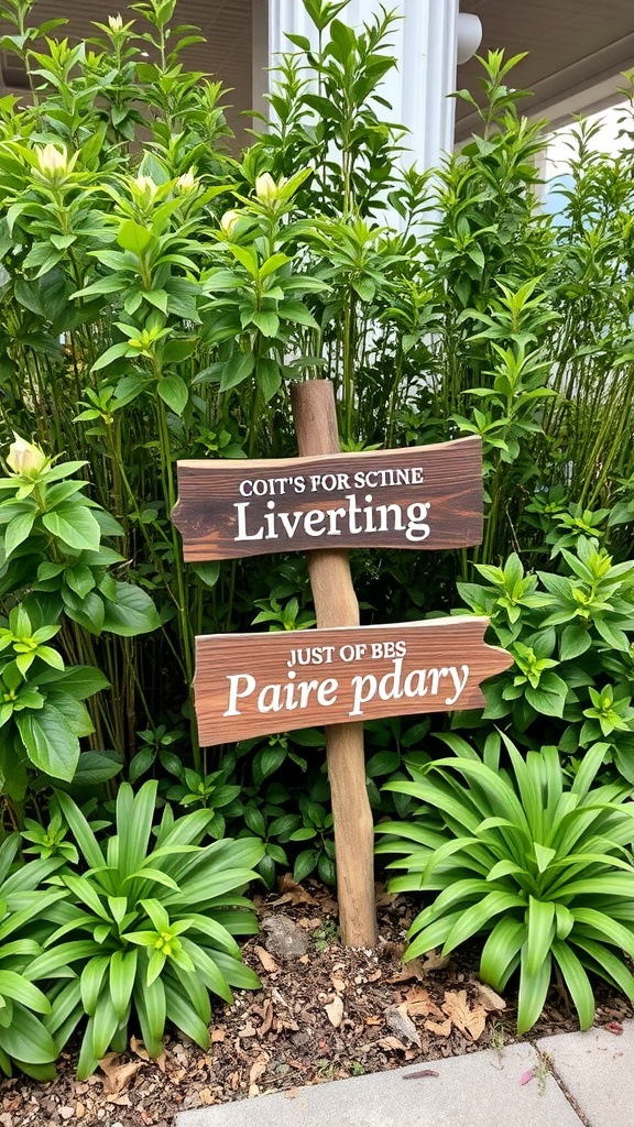 Outdoor wooden signs for Valentine's Day decorations amid green plants.