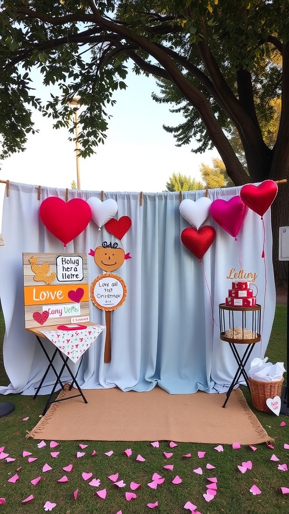 An outdoor personalized photo booth with heart balloons, a sign for love messages, and scattered pink petals.