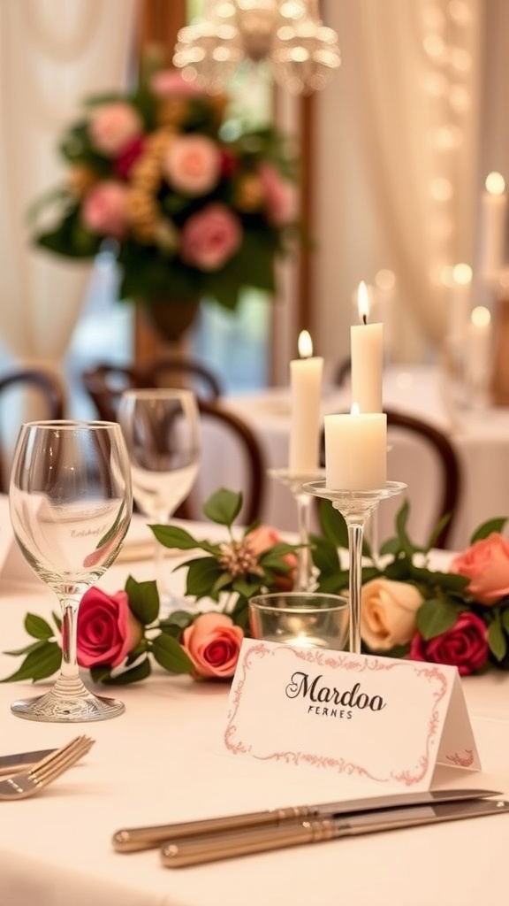 Elegant table setting with personalized place cards and floral decorations for Valentine's Day.