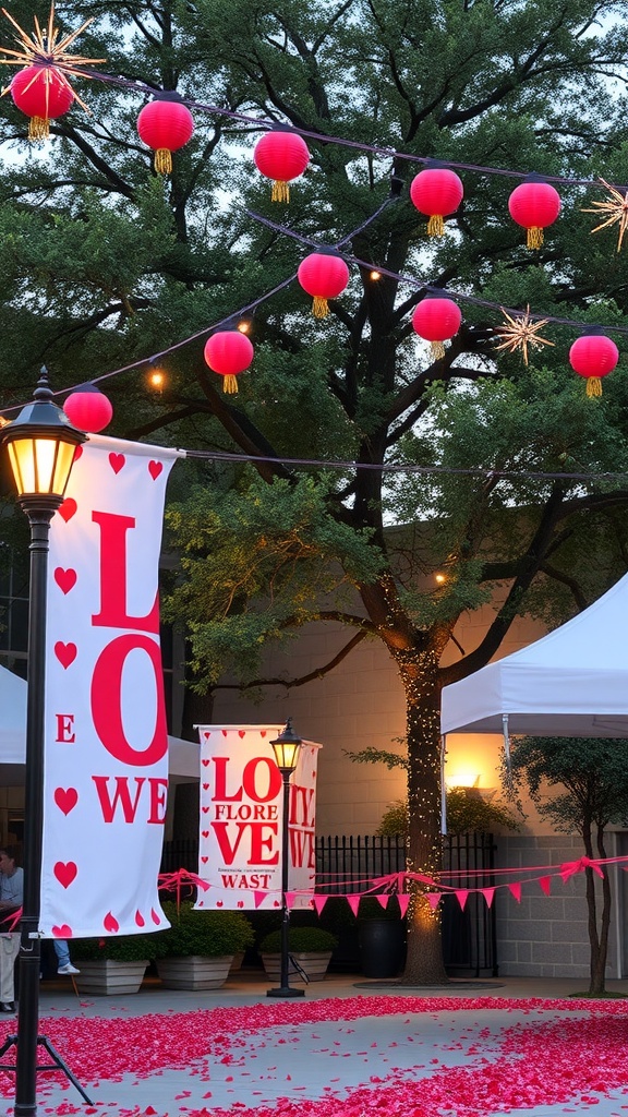 Outdoor Valentine's Day decorations featuring personalized banners, lanterns, and rose petals