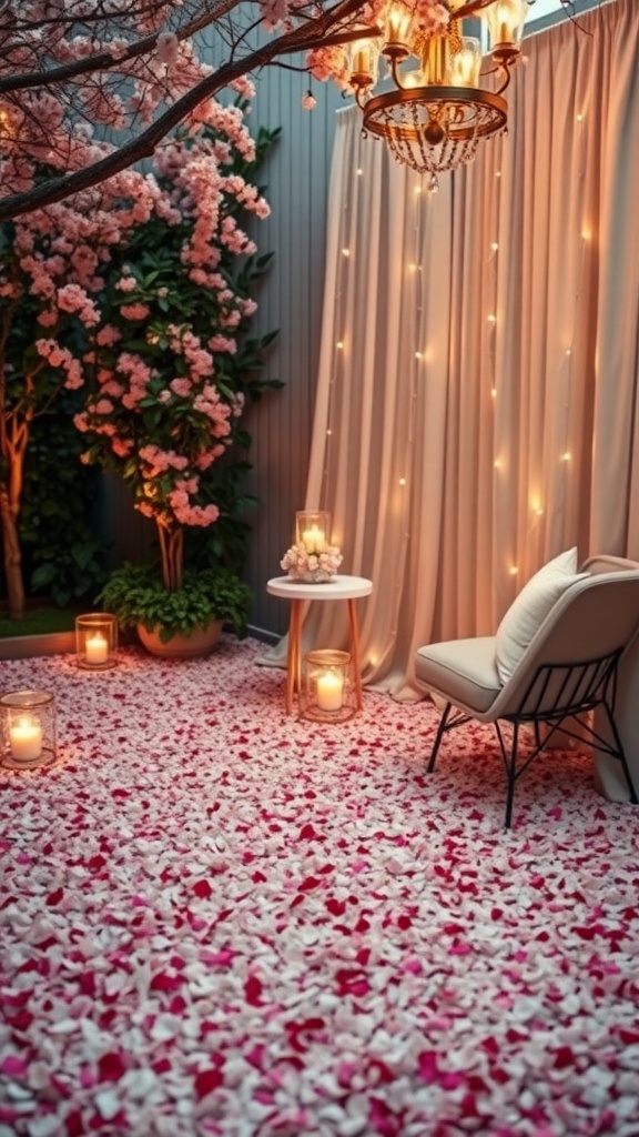 A cozy outdoor seating area adorned with pink and white petals, surrounded by lanterns and soft lighting.