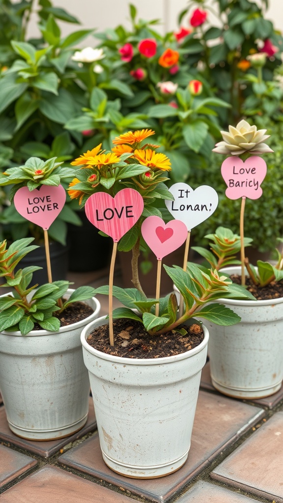 Potted plants with heart-shaped signs saying 'LOVE', 'Love Baricy', and 'Love Lover', amidst colorful flowers.