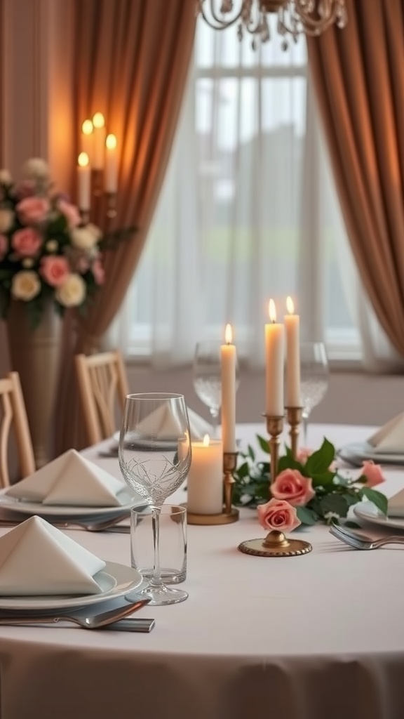 A beautifully decorated romantic dining table with candles and roses