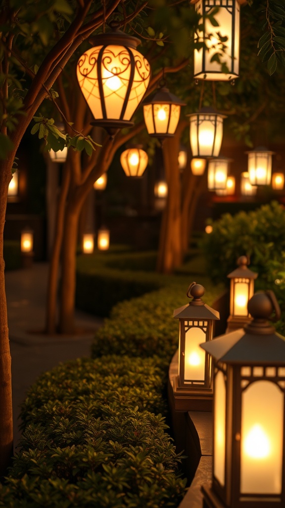 Romantic garden lanterns glowing softly among greenery