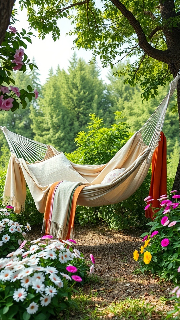 A cozy hammock set up in a lush garden surrounded by colorful flowers.