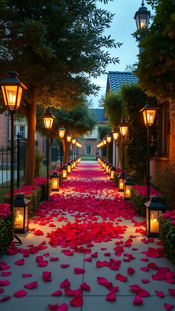 A romantic pathway lined with lanterns and rose petals.