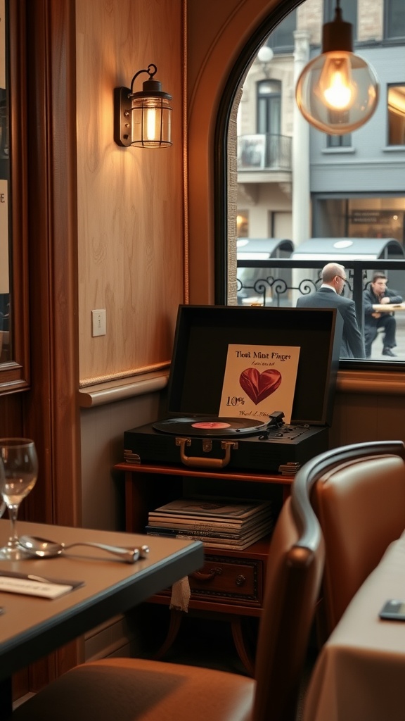 Cozy music corner with a vintage record player and love-themed decor