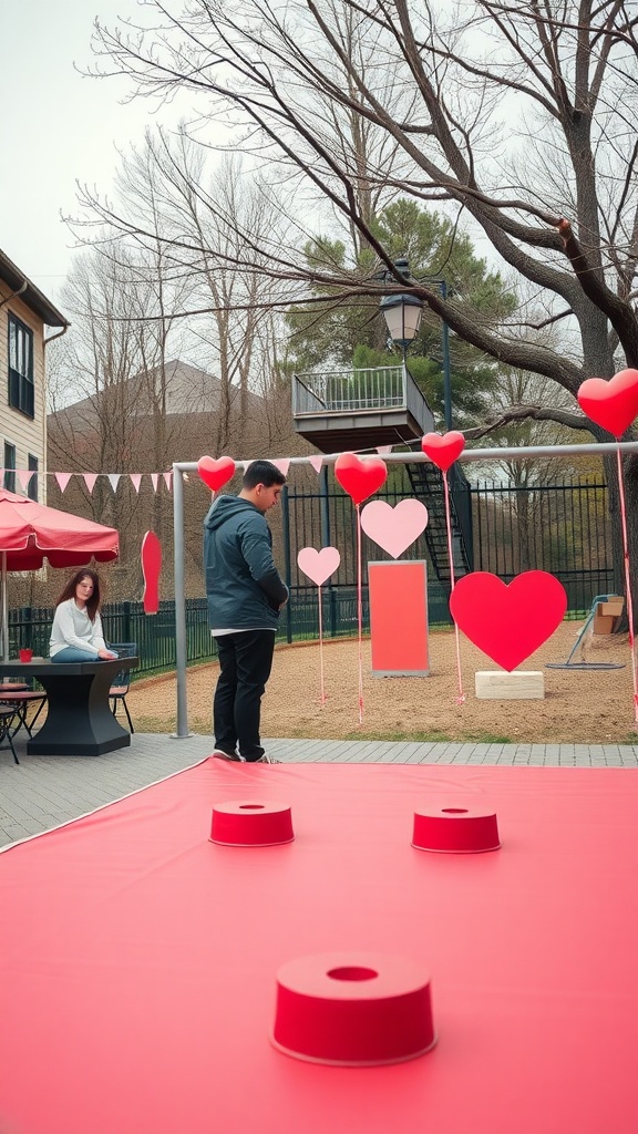 A romantic outdoor game station decorated with heart-shaped elements and vibrant colors for Valentine's Day.