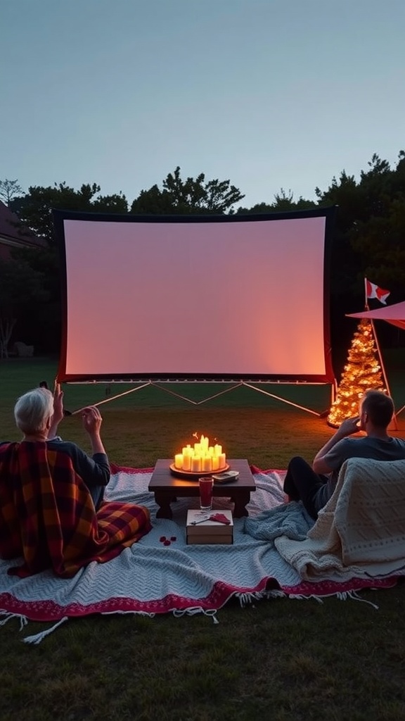 A couple enjoying a cozy outdoor movie setup with a large screen, blankets, and candles.