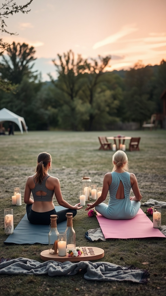 Two women practicing yoga outdoors at sunset with candles and a romantic setup.