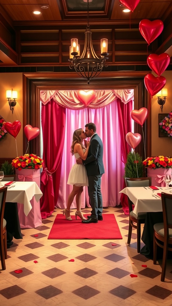 A romantic photo booth area decorated with heart-shaped balloons, a love sign, and red carpet, perfect for Valentine's Day celebrations.