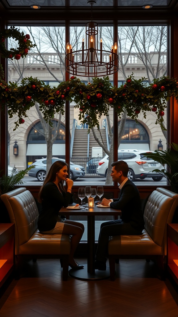 Couple enjoying a romantic dinner at a restaurant, with warm lighting and a cozy setup.