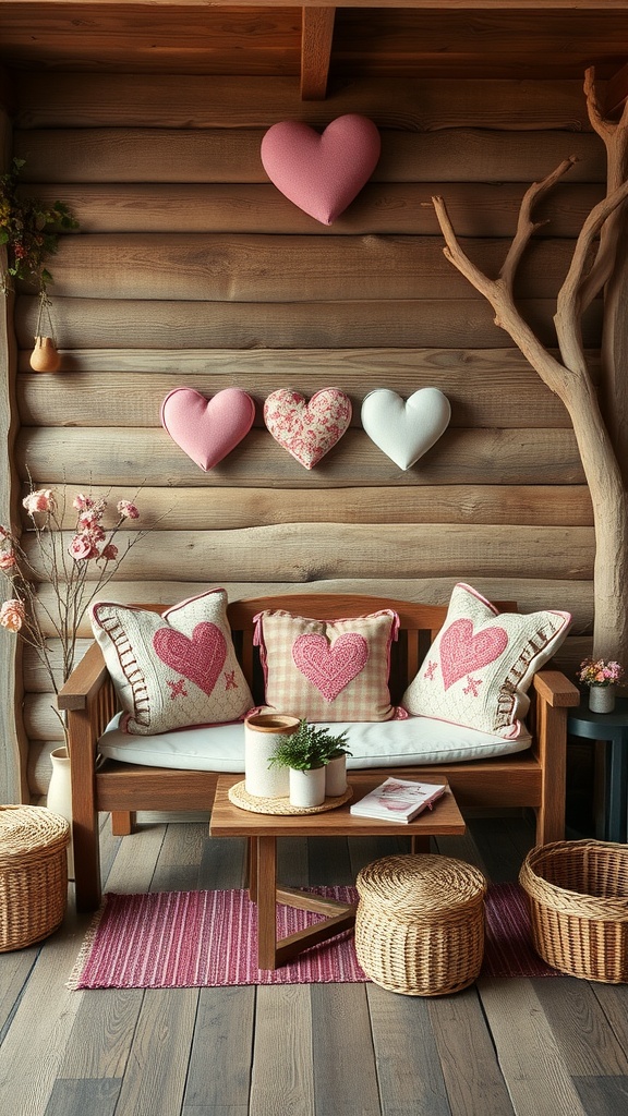 Cozy rustic outdoor seating area with heart-shaped cushions and wooden decor